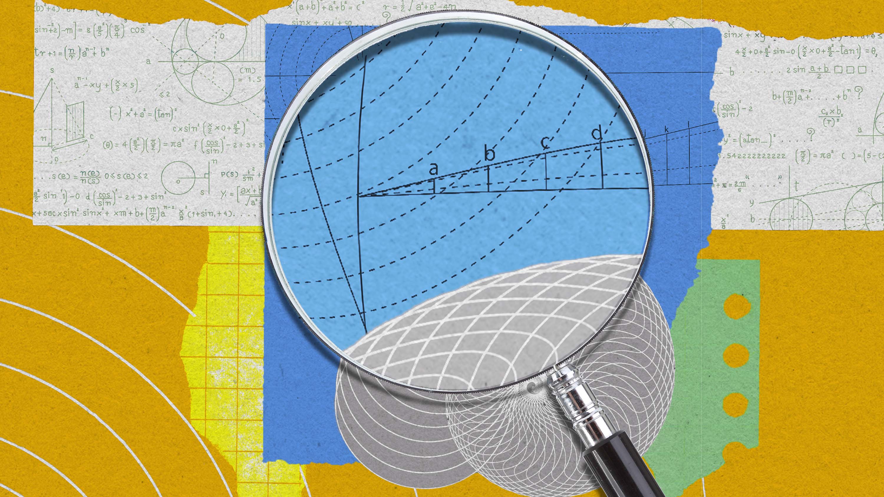 A photo illustration shows a magnifying glass hovering over several pieces of paper featuring math equations.