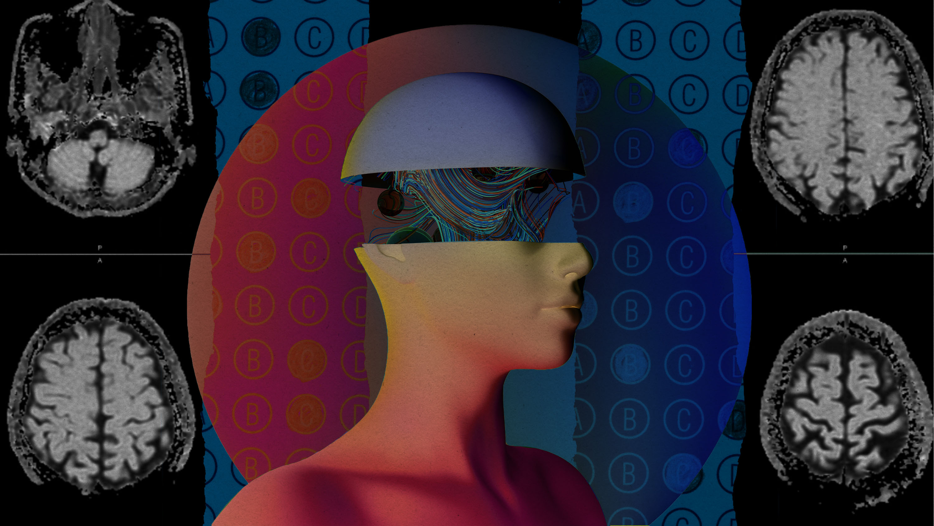 A photo illustration shows a humanoid over textures of standardized tests and MRI brain scans.