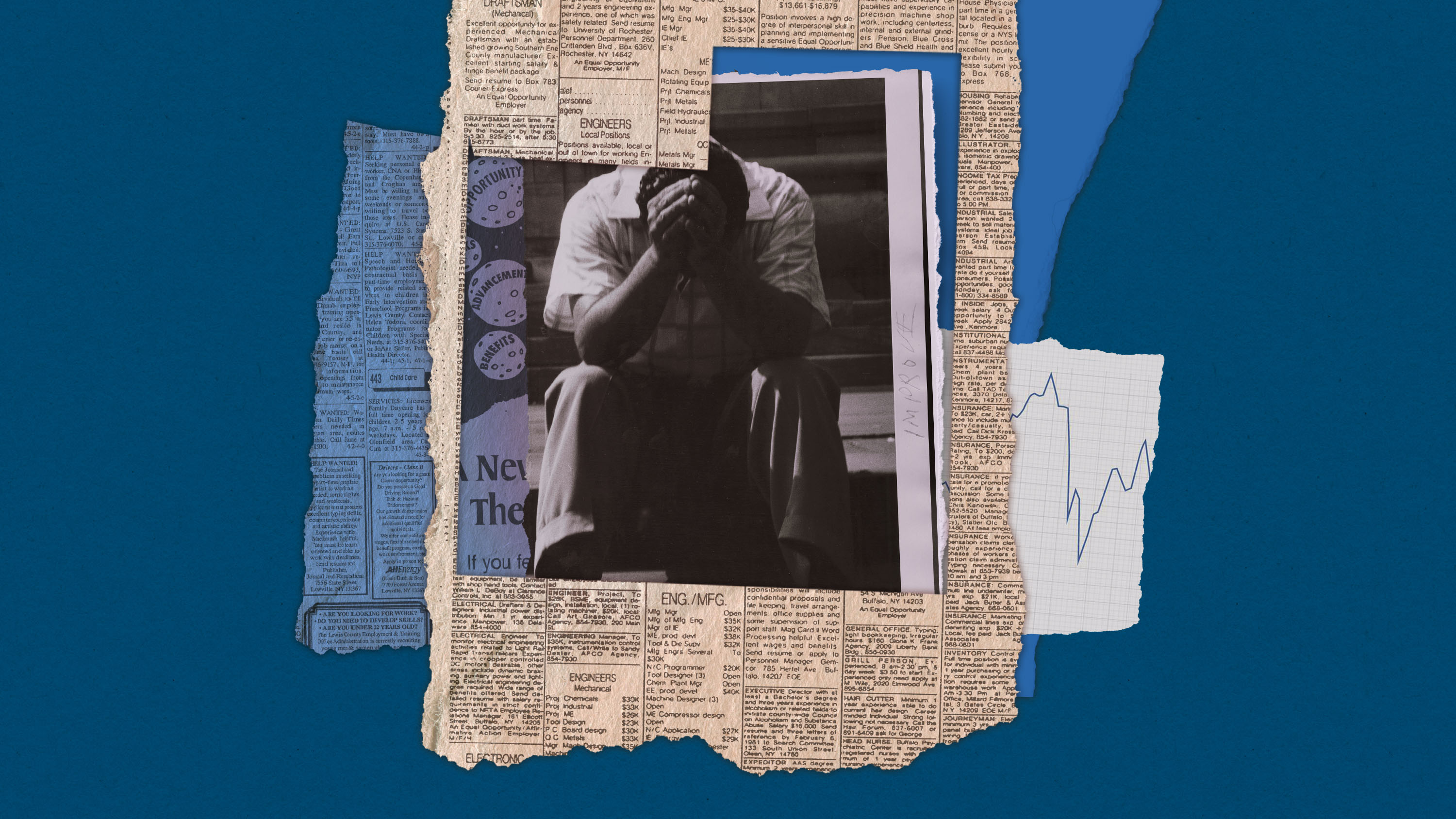 A black and white photo of a person with their head in hands seen behind the opening cut from a stack of Help Wanted ads