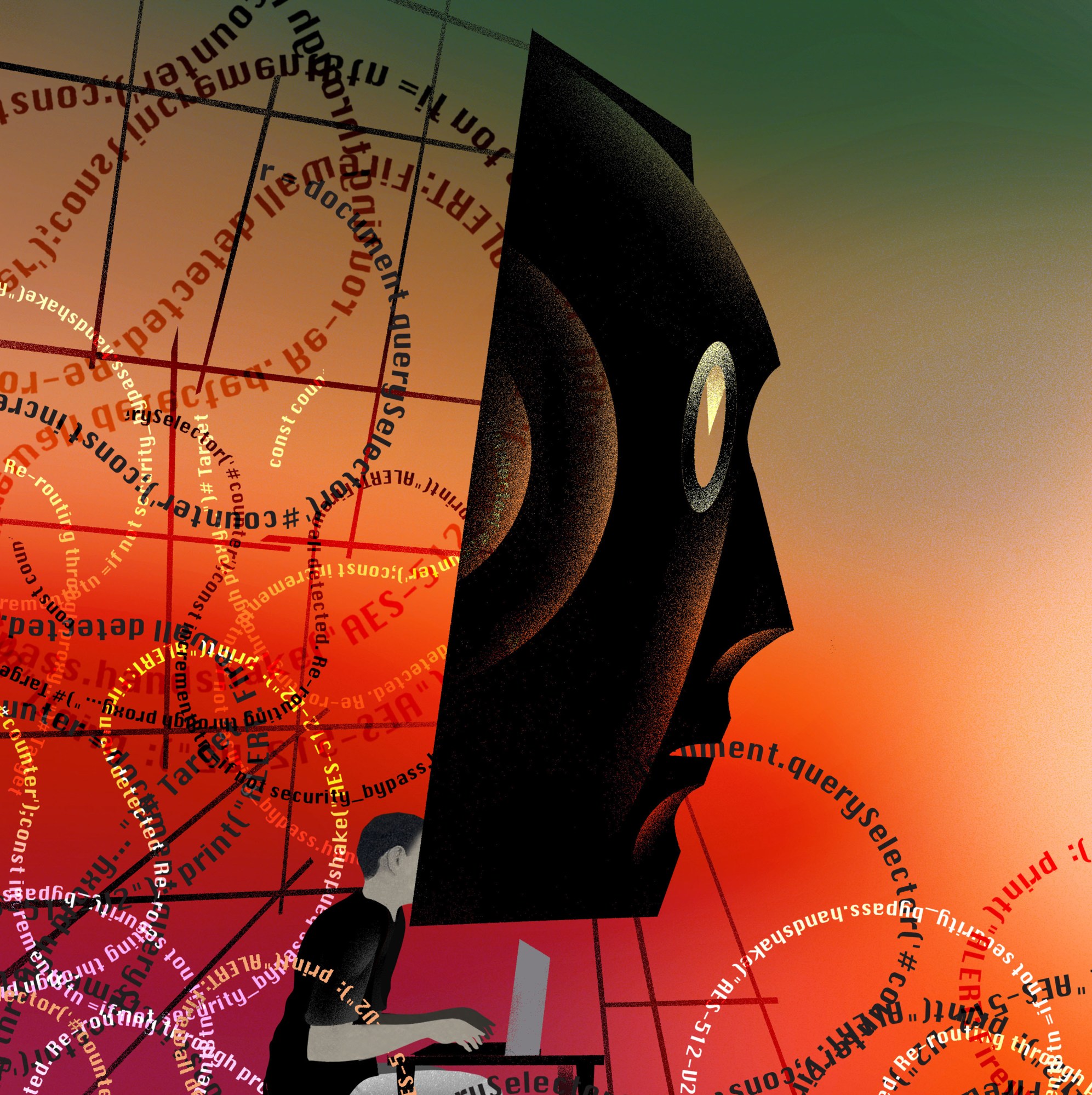 person sitting in profile at a computer with an enormous mask in front of them and words spooling out through the frame