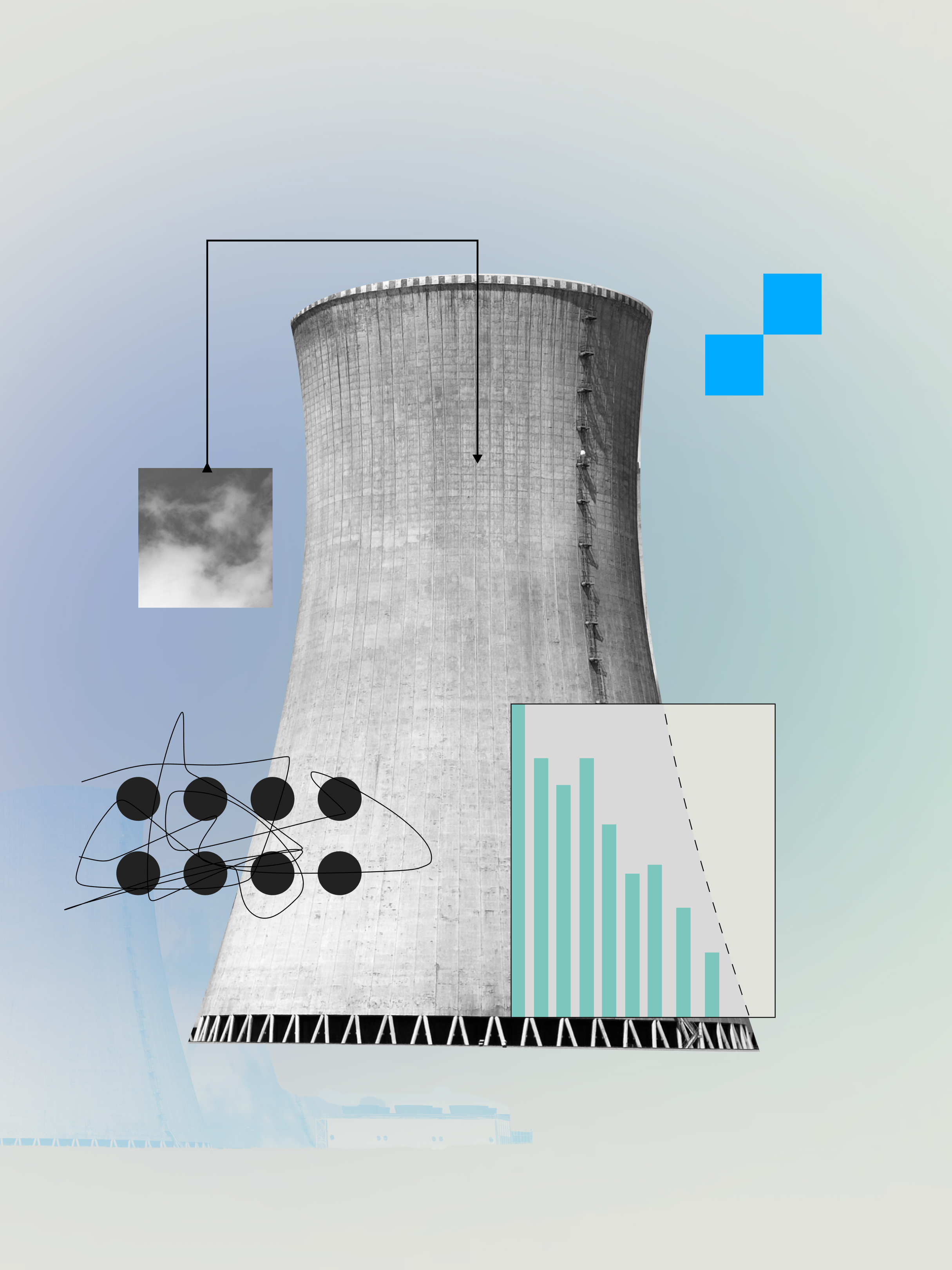 A montage collage of a nuclear reactor layered with gaseous textures, bar graphs, and atoms