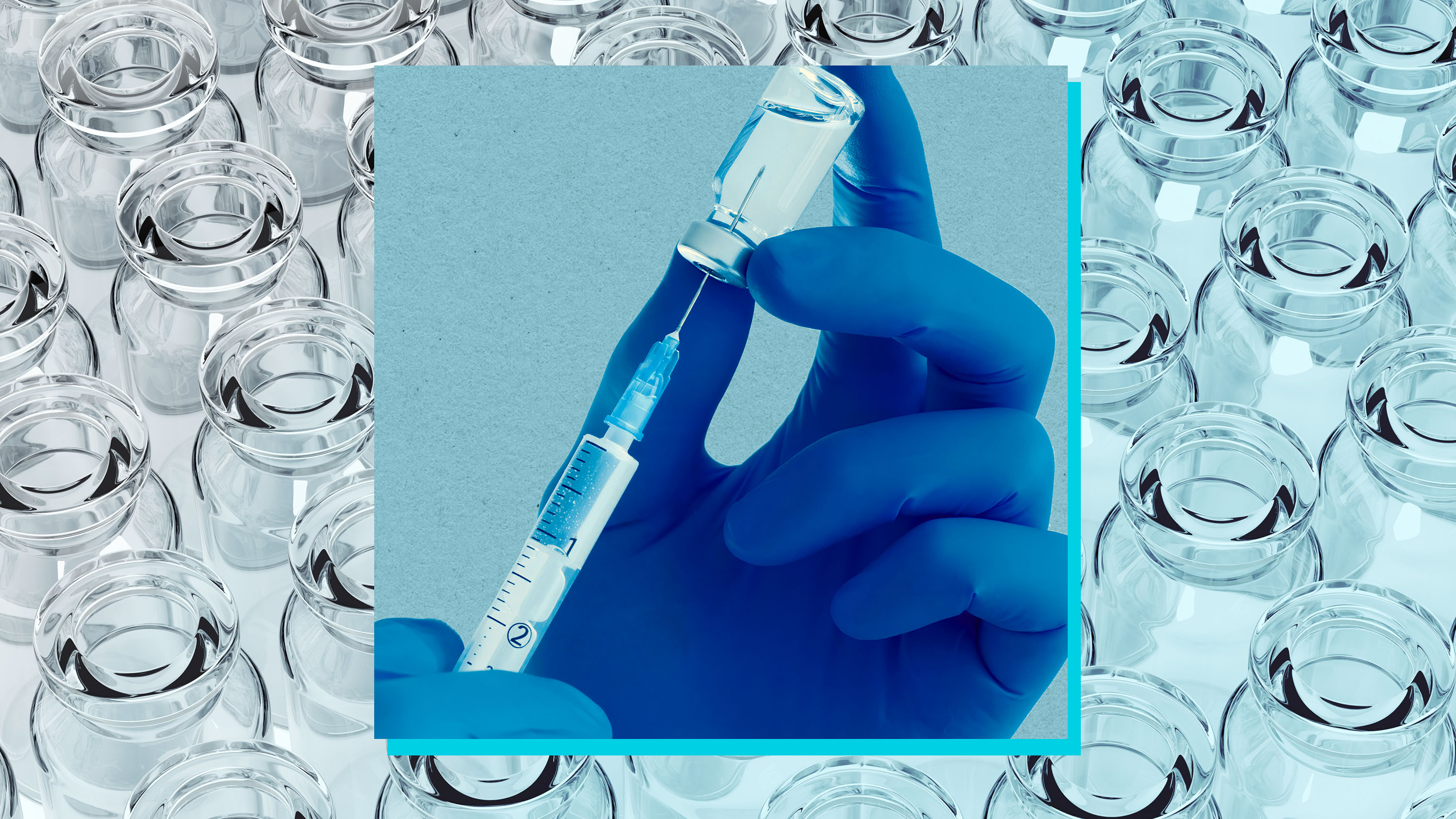 inset of gloved hand pulling liquid from a vial with a syringe on a grid of glass vials