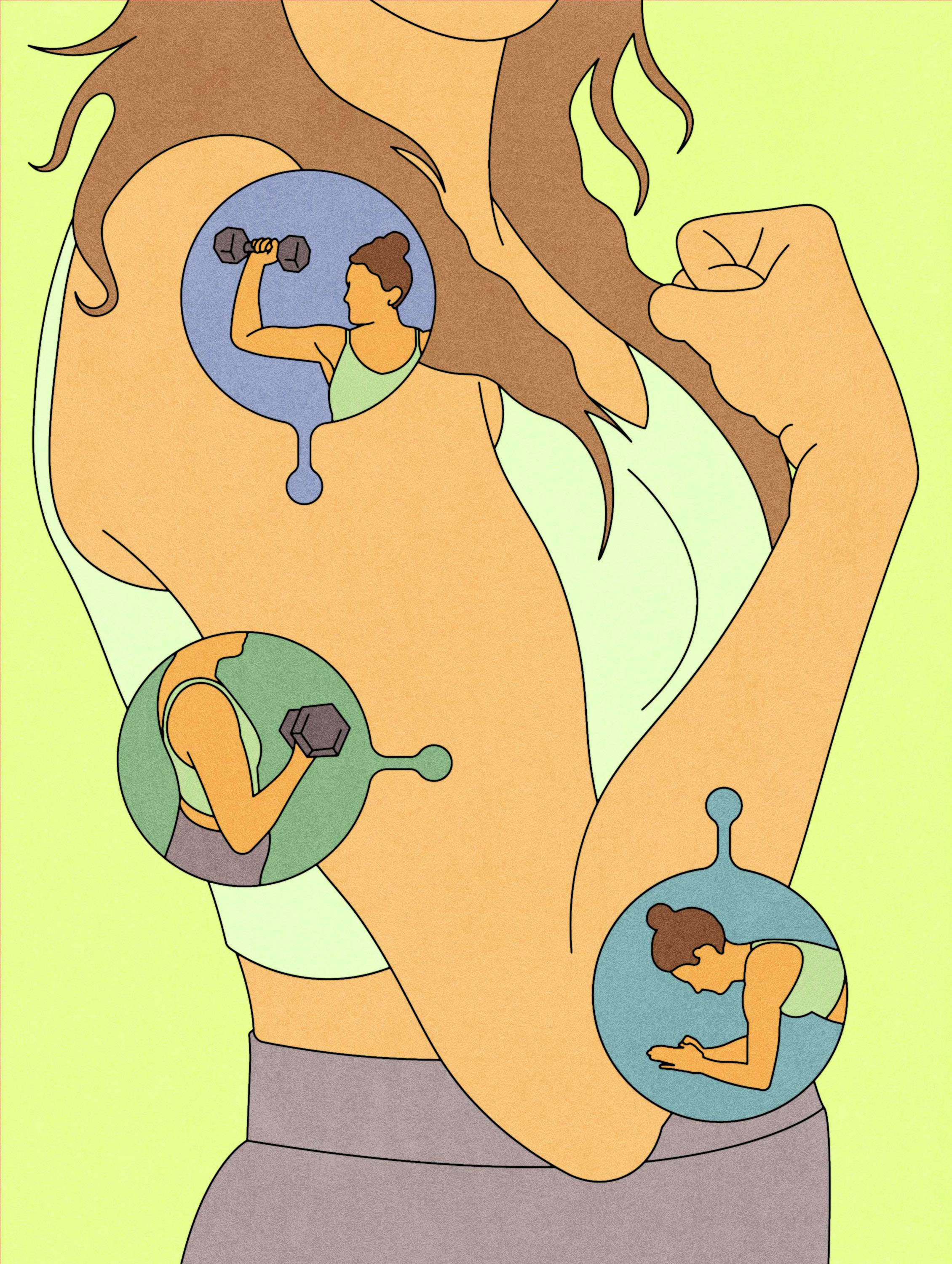 An illustration shows a woman flexing her bicep with different exercises showcased in small vignettes.